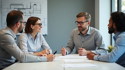 Diverse team engaged in collaborative discussion around a table in a modern office setting