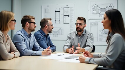 Diverse group of professionals engaged in a collaborative meeting discussing project plans and strategies around a table
