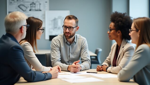 Diverse group of professionals engaged in a collaborative discussion around a table fostering teamwork and shared problem solving in a modern office setting