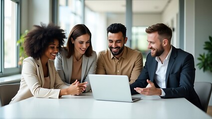 Obraz premium Diverse group of professionals collaborating enthusiastically around a laptop sharing ideas and engaging in a productive business meeting