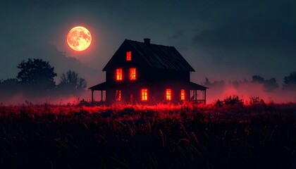 A dark, old house silhouetted against a blood-red moonlit night