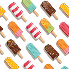 A seamless pattern of colorful and delicious ice cream popsicles