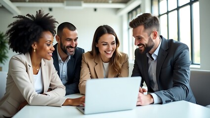 Diverse team of professionals collaborating enthusiastically around a laptop sharing ideas and achieving success in a modern office environment