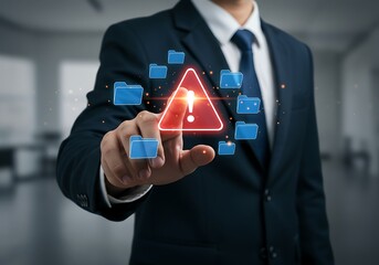 Businessman activating a digital warning sign indicating a data security breach or alert