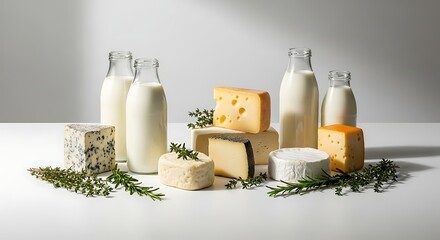 Assortment of dairy products and fresh herbs on a white surface