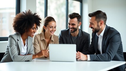 Diverse team of four professionals collaborating enthusiastically around a laptop sharing ideas and insights in a modern office setting