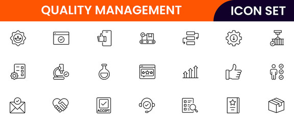 Quality management vector line icons featuring inspections, checklists, standards, testing, certifications, audits, processes, improvements, compliance, and product accuracy symbols.