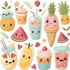 Kawaii fruit and dessert characters isolated on white background