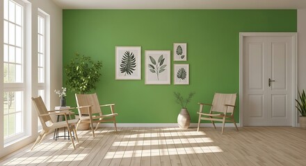 Bright living room with green walls and natural light