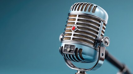 Professional podcast microphone placed on smooth blue background, isolated product image used for banner design, digital branding, or audio platform advertising visuals 