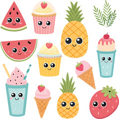 Collection of kawaii fruit and dessert characters isolated on white