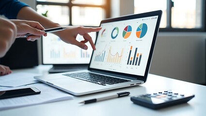 Business professionals collaborating and analyzing financial data on a laptop with charts and graphs during a meeting