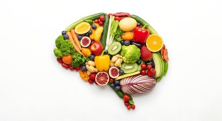 Brain shape formed by colorful fresh fruits and vegetables