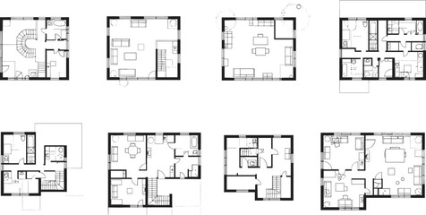 Modern residential architectural floor plans collection, detailed top view layout with rooms, furniture, doors, bathroom, kitchen, living space, blueprint for home design © Nur-Nobin Creations