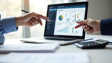 Two professionals collaborating and analyzing financial data charts and graphs on a laptop screen during a business meeting