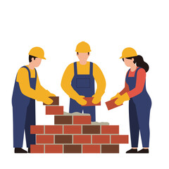 A diverse team of three construction workers, including men and a woman, collaboratively builds a sturdy brick wall in a clean, professional illustration.