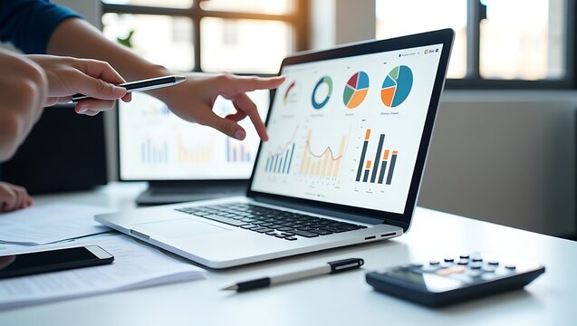 Business professionals collaborating and analyzing financial data on a laptop with charts and graphs during a meeting