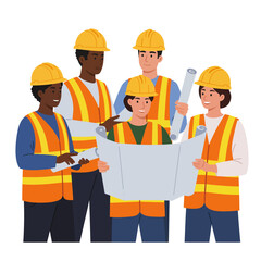 A diverse group of construction workers in safety vests and hard hats collaborate, reviewing blueprints for a new building project, fostering teamwork.