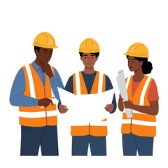 A diverse team of Black construction workers wearing safety gear collaboratively reviews architectural blueprints on a clean white background, symbolizing teamwork and planning.