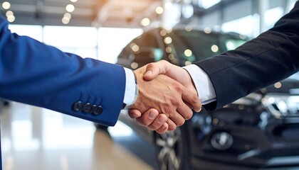 Businessmen shake hands in a car showroom