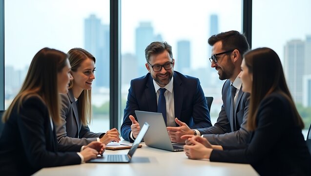 Diverse business professionals collaborate effectively around a table discussing strategy and reviewing data on a laptop with city skyline views