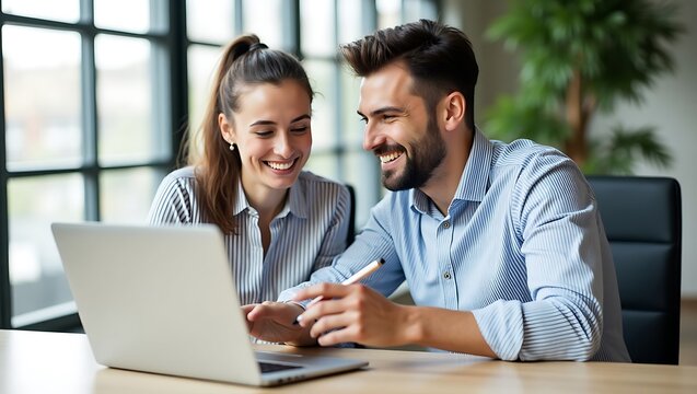 A young professional man and woman collaborate happily while working together on a laptop in a modern office setting with large windows