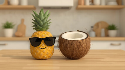 A whimsical arrangement of a pineapple and a coconut on a wooden table, with the pineapple sporting sunglasses, playfully evoking summer vibes. 