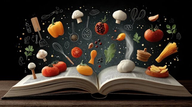 Open recipe book with floating food icons including kitchen tools and ingredients, representing culinary creativity, digital cooking guides, and smart kitchen assistance  