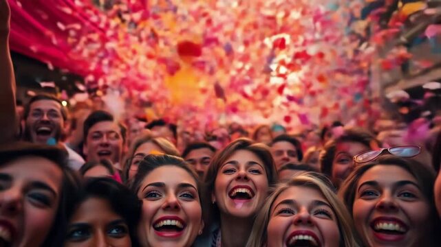 Crowds gather joyfully people laughing celebrating confetti rain overhead smiles bright excitement fills the air joyous occasion vibrant colors a shared experience unforgettable moment