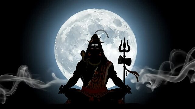 Silhouette of Lord Shiva meditating in lotus pose against a large bright full moon at night.