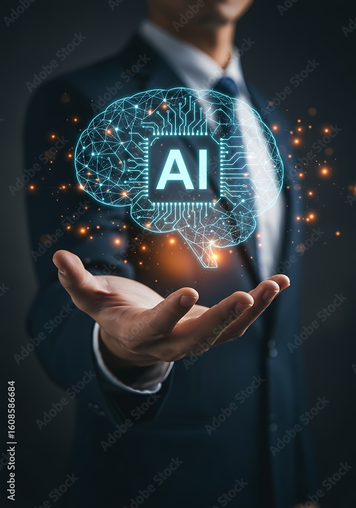 Poster businessman displaying a digital ai brain illustrating artificial intelligence and technology concep