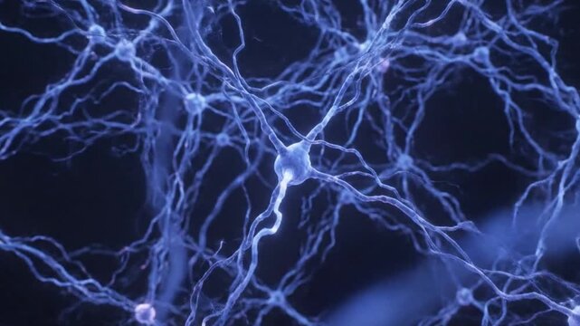Orbiting a central nerve cell as it processes information, sending electrical signals through a network of glowing synapses in the brain