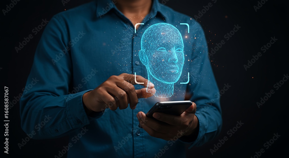 Poster person using facial recognition technology on smartphone for biometric authentication