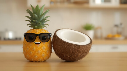 A charming pineapple in sunglasses and a coconut share a delightful friendship, evoking the lighthearted atmosphere of summer. This image radiates fun and freshness.