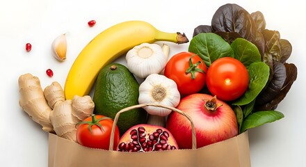 Fresh produce overflowing from a brown paper grocery bag