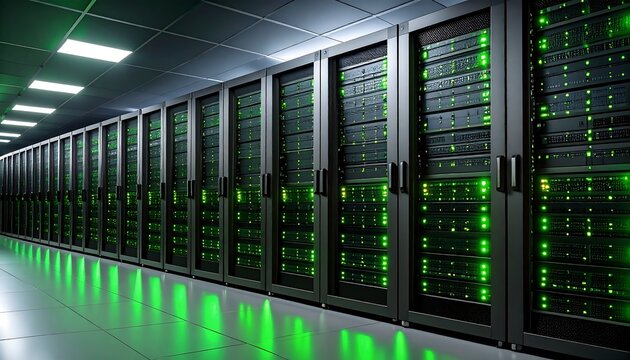 Server racks in a modern data center.  Green lights illuminating equipment