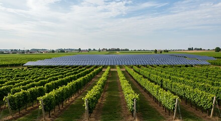 A sweeping view of an agrivoltaic system, with a vast solar panel farm coexisting with lush green vineyard rows for sustainable energy and agriculture.