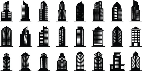 Modern skyscraper vector icons, high rise tower silhouettes, black and white buildings illustration, city skyline elements, urban architecture symbols, real estate design shapes