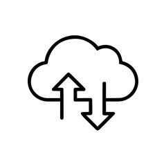 Black and white icon of a cloud with up and down arrows. Symbolizes cloud services and file sharing.