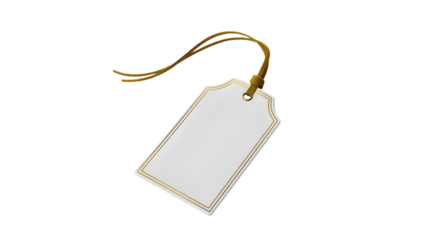 Elegant white gift tag with gold trim and brown string,