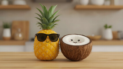 A charming and whimsical scene featuring a cheerful pineapple wearing sunglasses alongside a friendly coconut, set against a kitchen backdrop. The image evokes a sense of fun, freshness.