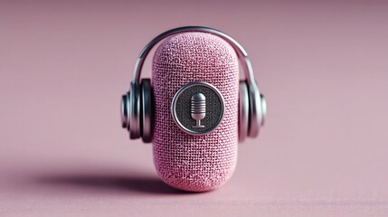 Round podcast icon badge in minimal vector style, flat line art featuring headphones and microphone symbol designed for app branding and online audio content services  