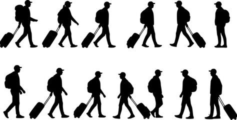 Fototapeta premium Traveling people silhouettes with luggage vector illustration design set 
