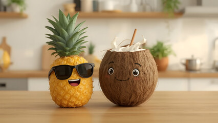 A cheerful anthropomorphic pineapple and coconut duo, a tropical dream, exuding joy and a sense of fun on a kitchen table, perfect for advertisements, representing tropical vibes.