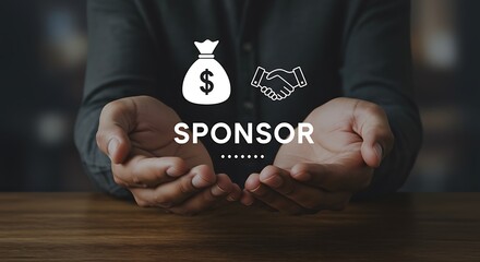 Business person holding sponsor text with money bag and handshake symbols offering support
