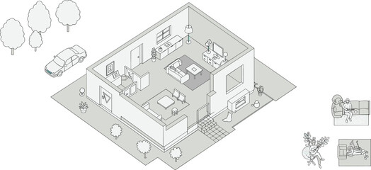 Modern minimalist home interior layout with car outside, furniture design, plants, people relaxing on couch, and bright living room space for home decor and lifestyle stock images