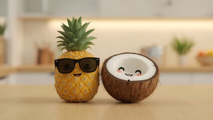 A whimsical pineapple with sunglasses and a smiling coconut share a happy moment in a kitchen setting, embodying playful friendship and summer vibes.