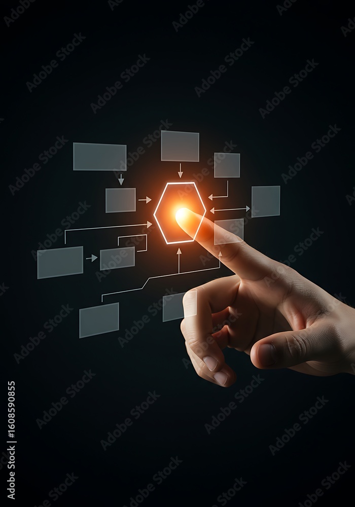 Poster hand interacting with a glowing flowchart diagram representing technology and innovation.