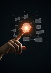 Human hand interacting with a futuristic digital flowchart on a black background