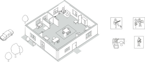 Modern house interior design floor plan with living room, dining area, bedroom, and car outside, depicting daily life activities with illustrations of guitar playing, reading, and more